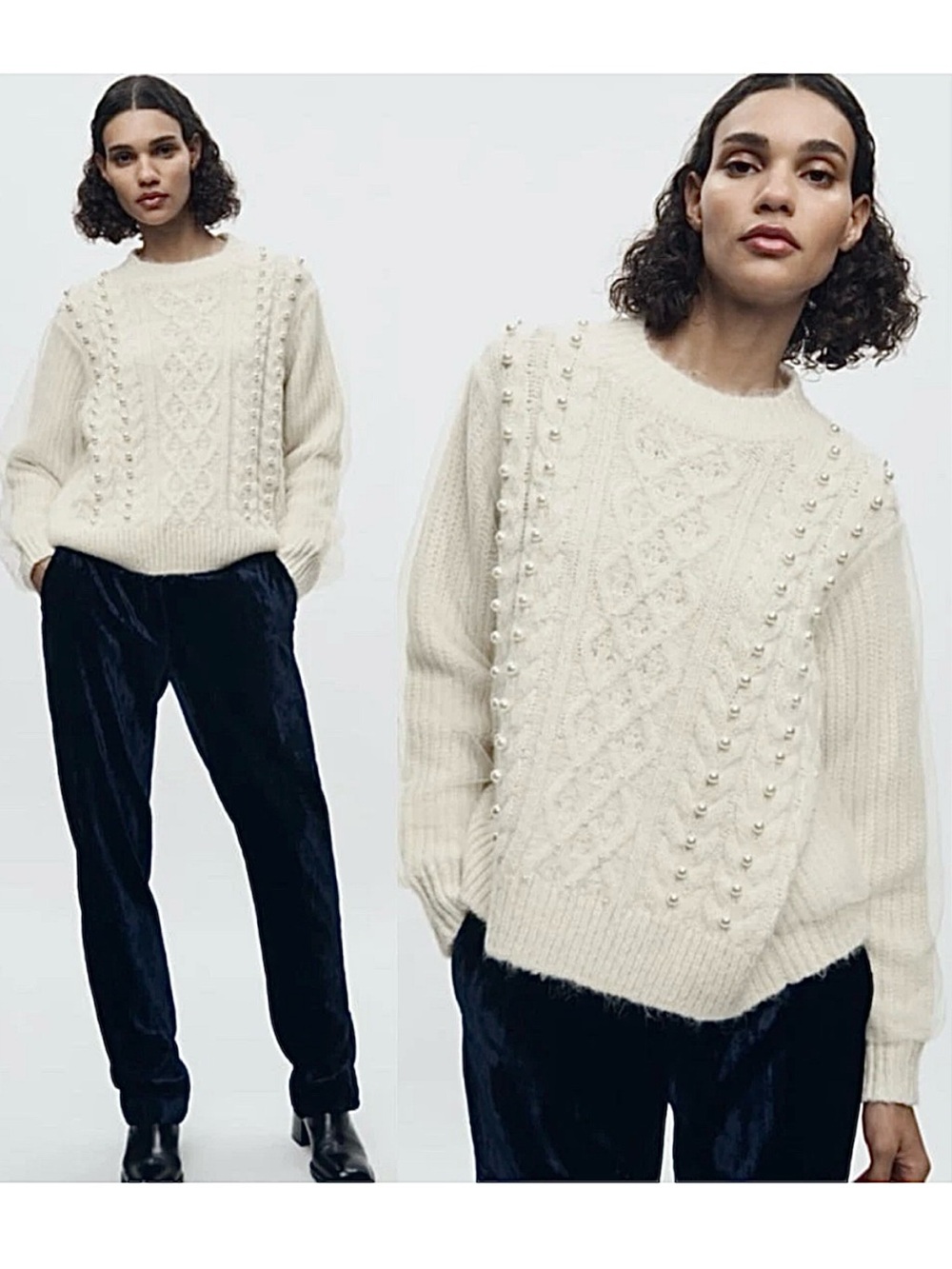 New ZARA Mixed Tule and Pearl Knit Sweater